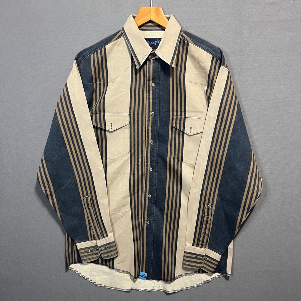 Wrangler Western Snap Shirt Mens 16-34 Blue Tan Striped Long Tail MB272ZM